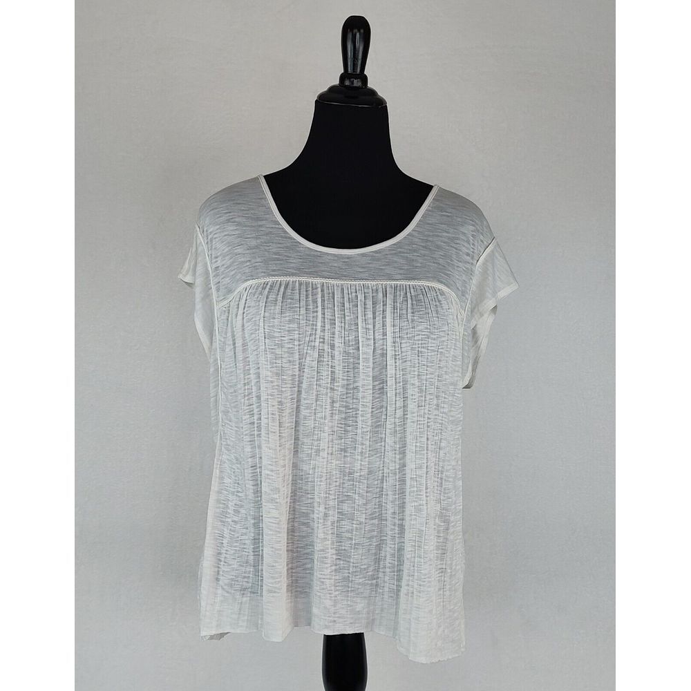 Sheer White Semi-Transparent Cap Sleeve Blouse with V-Back Detail Large